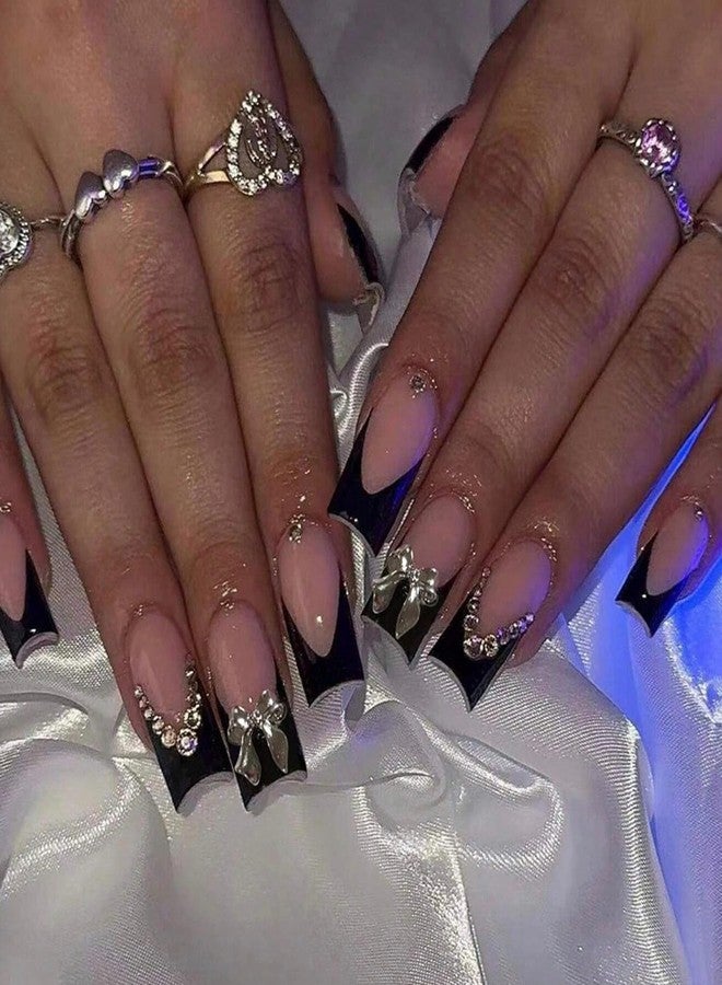 YKZFUI 24Pcs Black French Press on Nails Long Coffin Fake Nails with Charm Bow Design,French Tip DIY Manicure Square False Nails Press ons Glitter Rhinestone Nails Kit for Women,Daily Wear Nail Decorations - Image 1